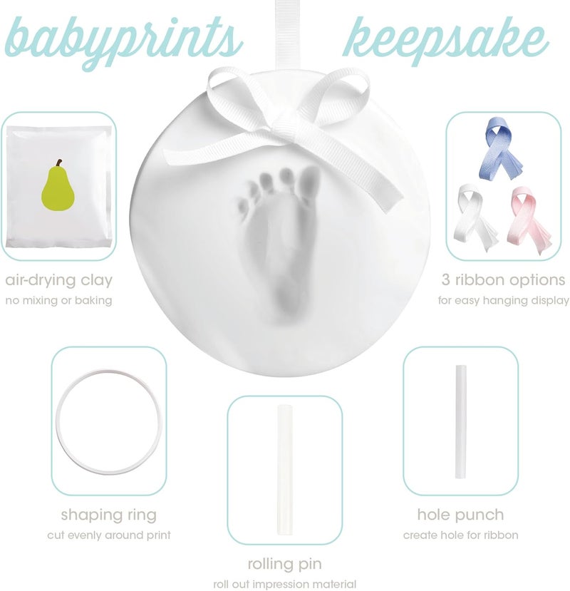 Pear Head Newborn Gift Set, Gender-Neutral Baby Gifts Box, 7 Wooden Monthly Milestone Discs, White Babyprints Clay Kit for Handprint or Footprint, Unisex, Boy or Girl - Image 3